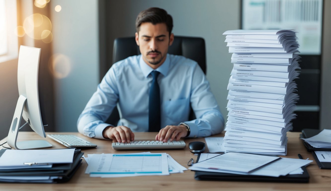 A person sits at a desk, typing on a computer. They are surrounded by papers and folders, with a stack of completed surveys ready for distribution