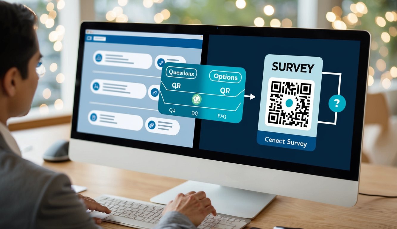 A person using a computer to design a survey with questions and options, then generating a QR code to link to the survey