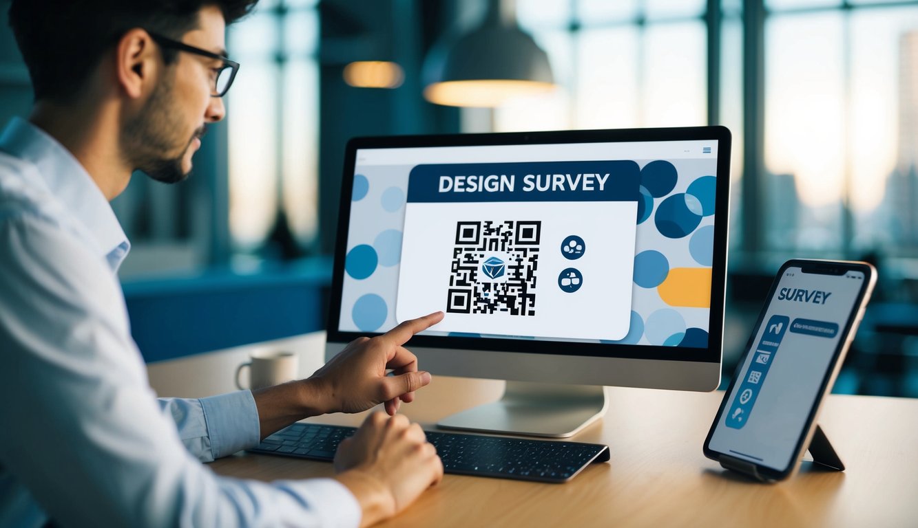 A person using a computer to design a survey with a QR code, with a smartphone or tablet nearby for testing and scanning