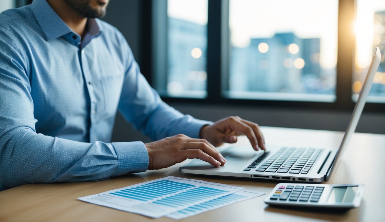 A person sitting at a desk with a laptop and survey forms, calculating responses and total number of surveys received