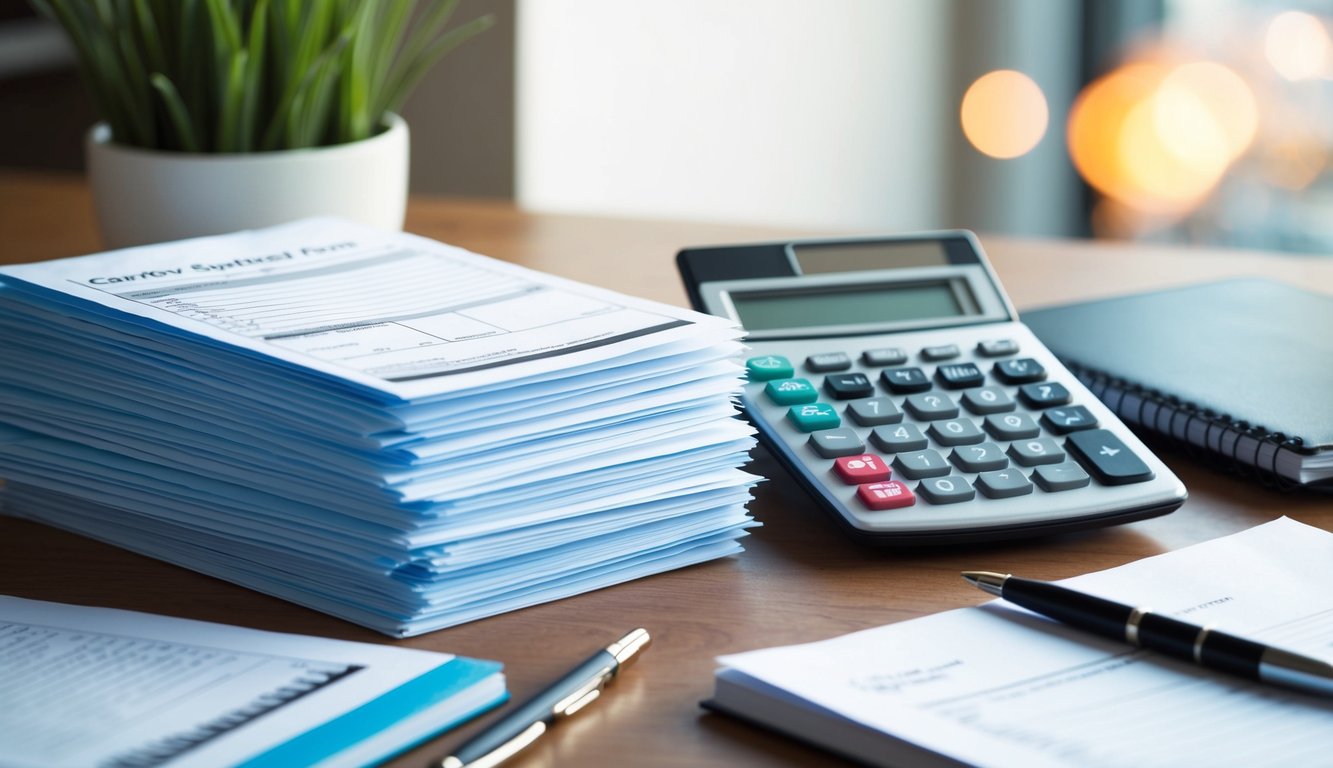 A stack of completed survey forms next to a pile of unopened envelopes. A calculator sits on the desk, with a pen and notebook nearby