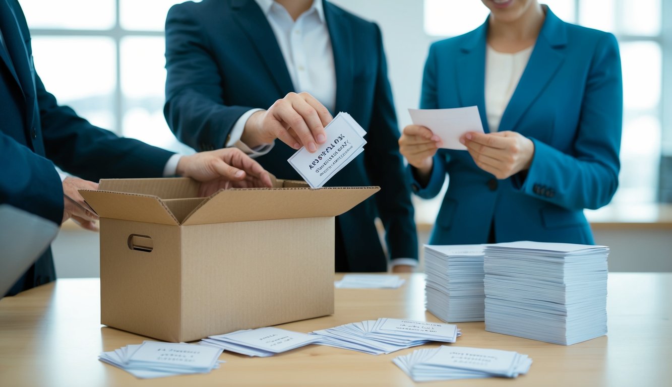 A person placing survey response cards into a collection box, while another person tallies up the number of completed surveys