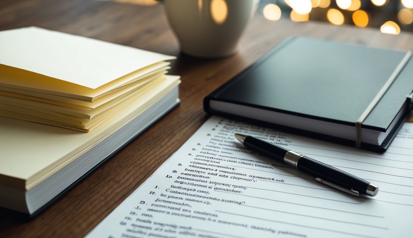 A desk with a stack of blank paper, a pen, and a dictionary. Random words are written on the paper, with lines for definitions