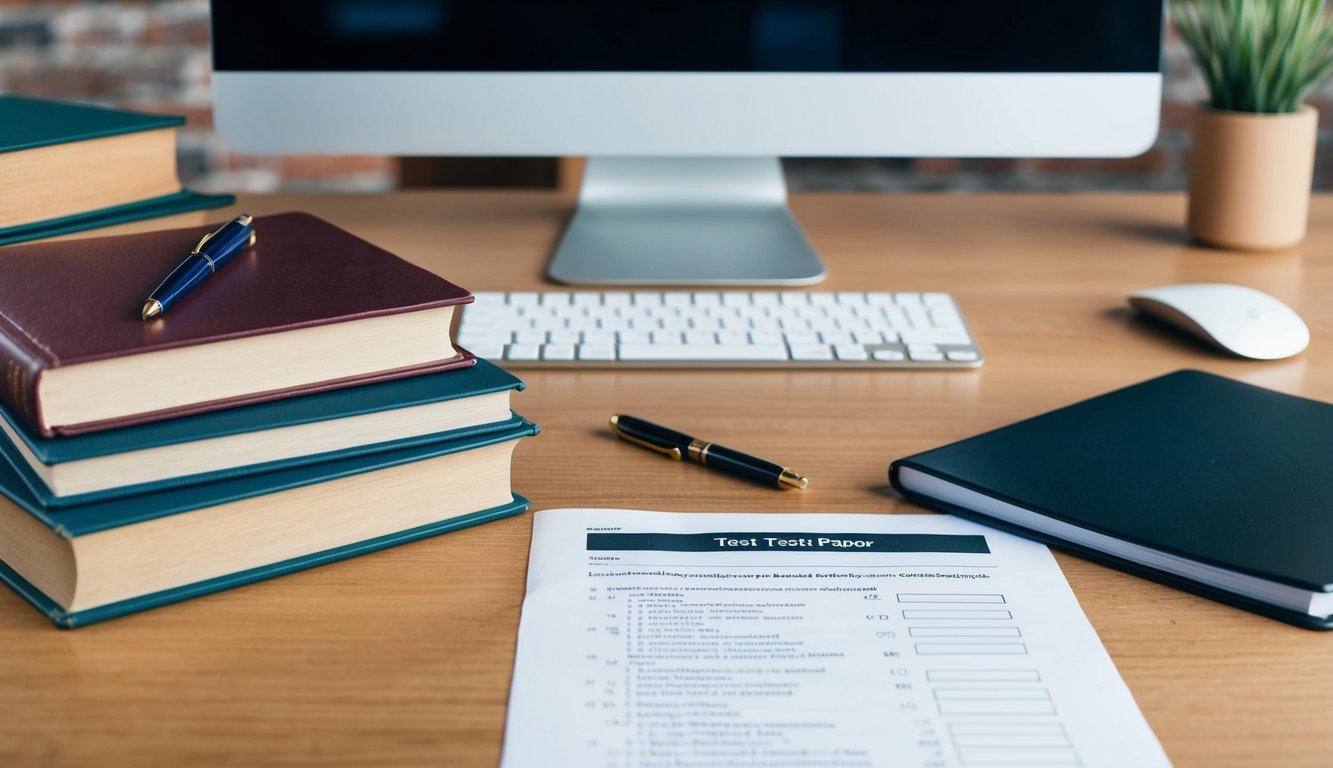 A desk with a pen, paper, and computer. A stack of books and a dictionary. A blank test paper with multiple-choice questions