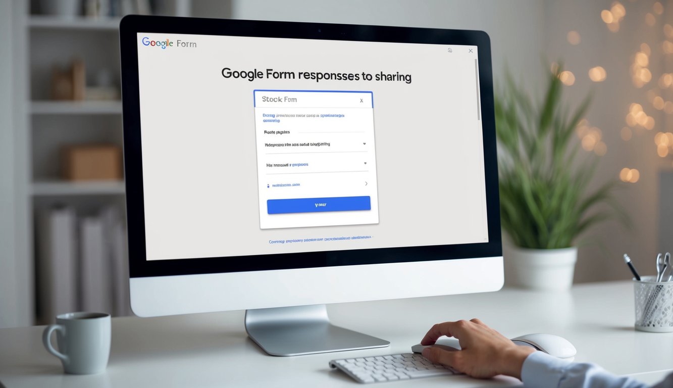 A computer screen displays a Google Form with responses being set up for sharing. A hand hovers over a mouse, clicking on the form settings