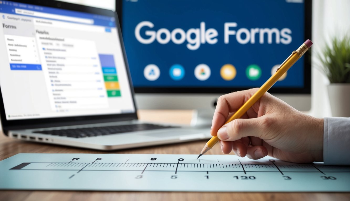 A hand holding a pencil marks points on a linear scale with arrows on both ends, while a computer screen displays a Google Forms interface