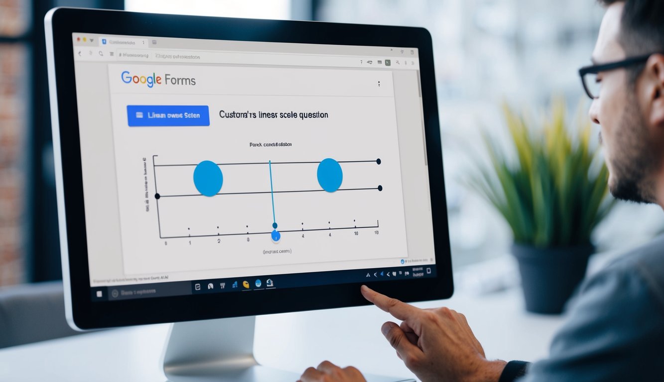 A computer screen displaying Google Forms with a linear scale question being customized by a user. The user is adjusting the scale by dragging the endpoints to create a customized linear scale question