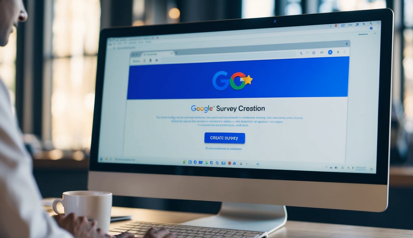 A computer screen with a web browser open to Google's survey creation page. A mouse cursor clicks on the "Create Survey" button