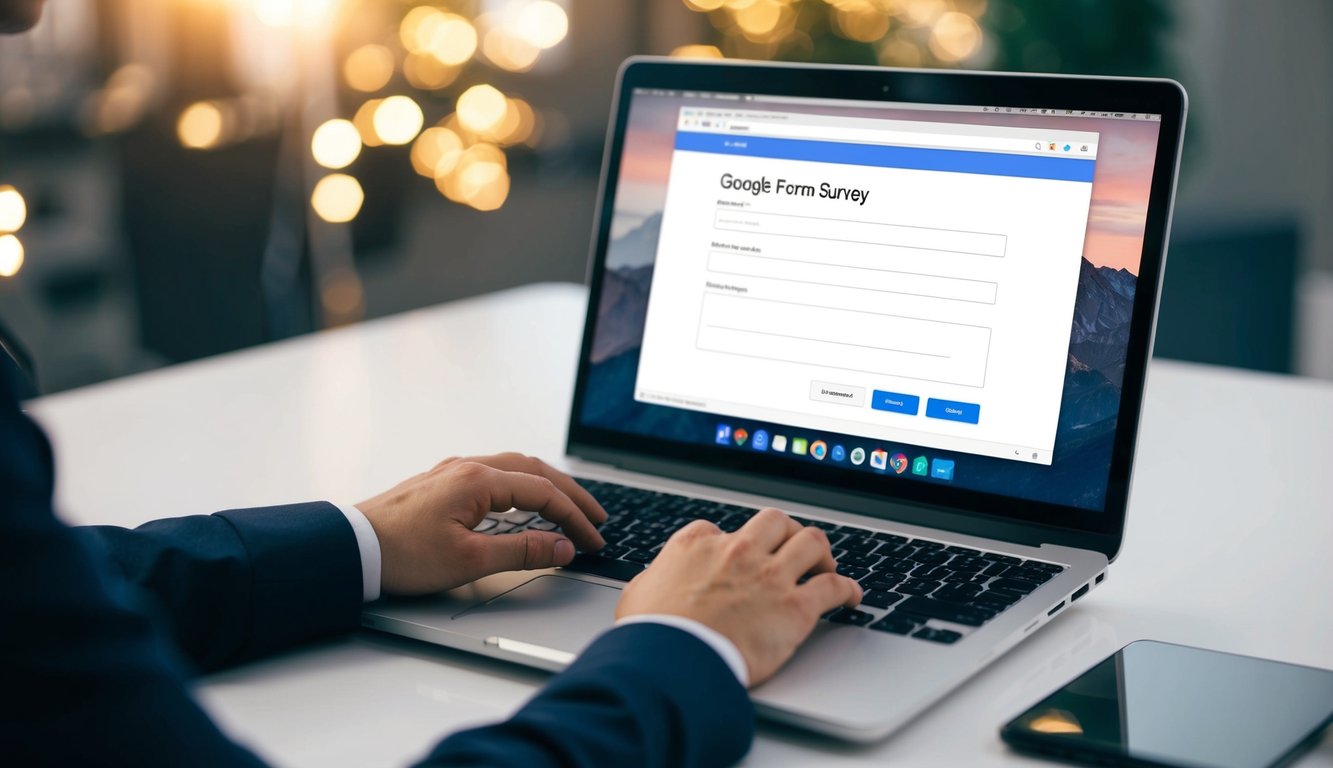 A person using a laptop to set up a Google Form survey, with a blank form on the screen and various options and tools visible on the interface