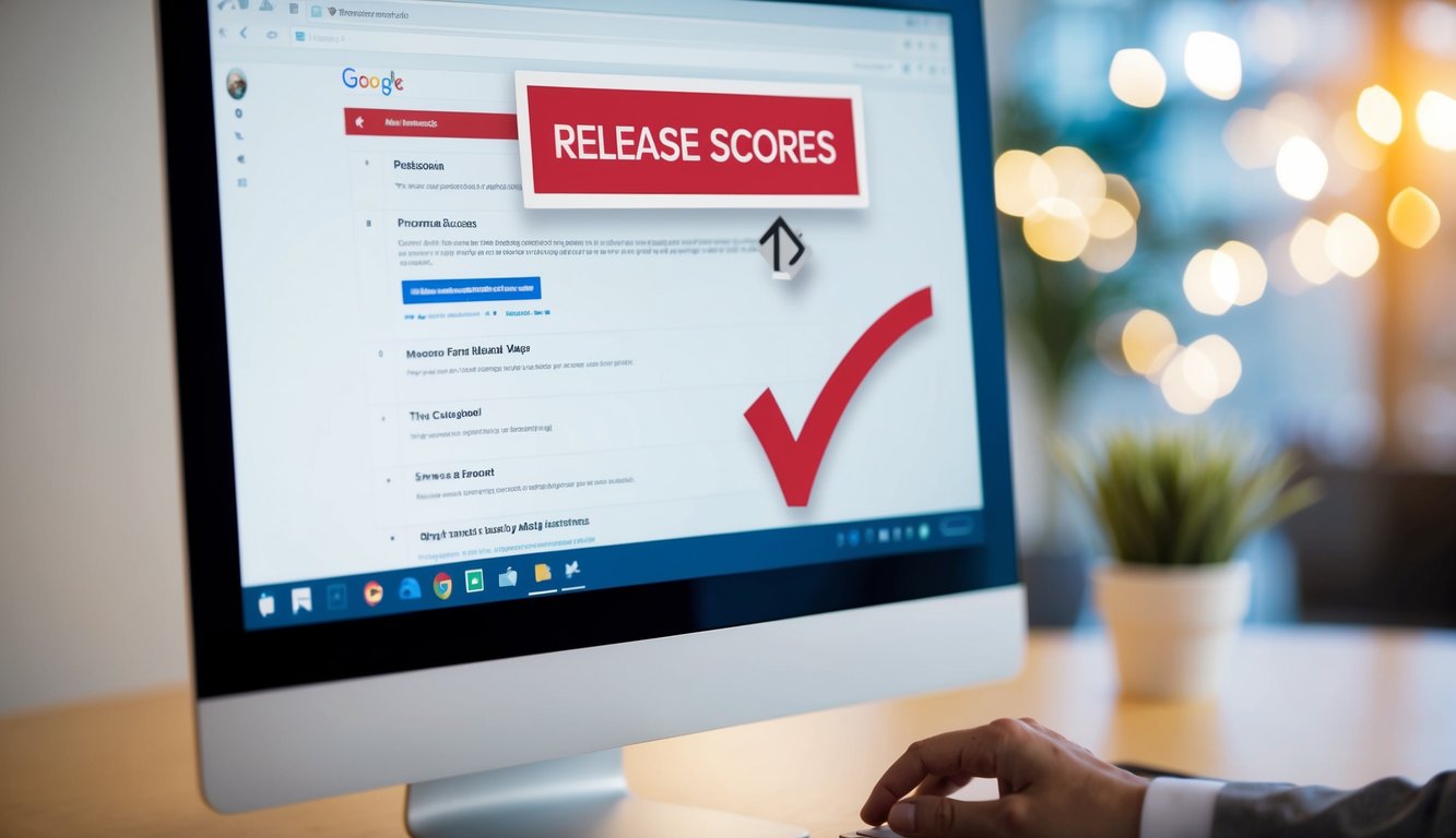 Scores released on Google Forms: a computer screen with the form open, a mouse clicking the "Release Scores" button, and a checkmark appearing next to each question