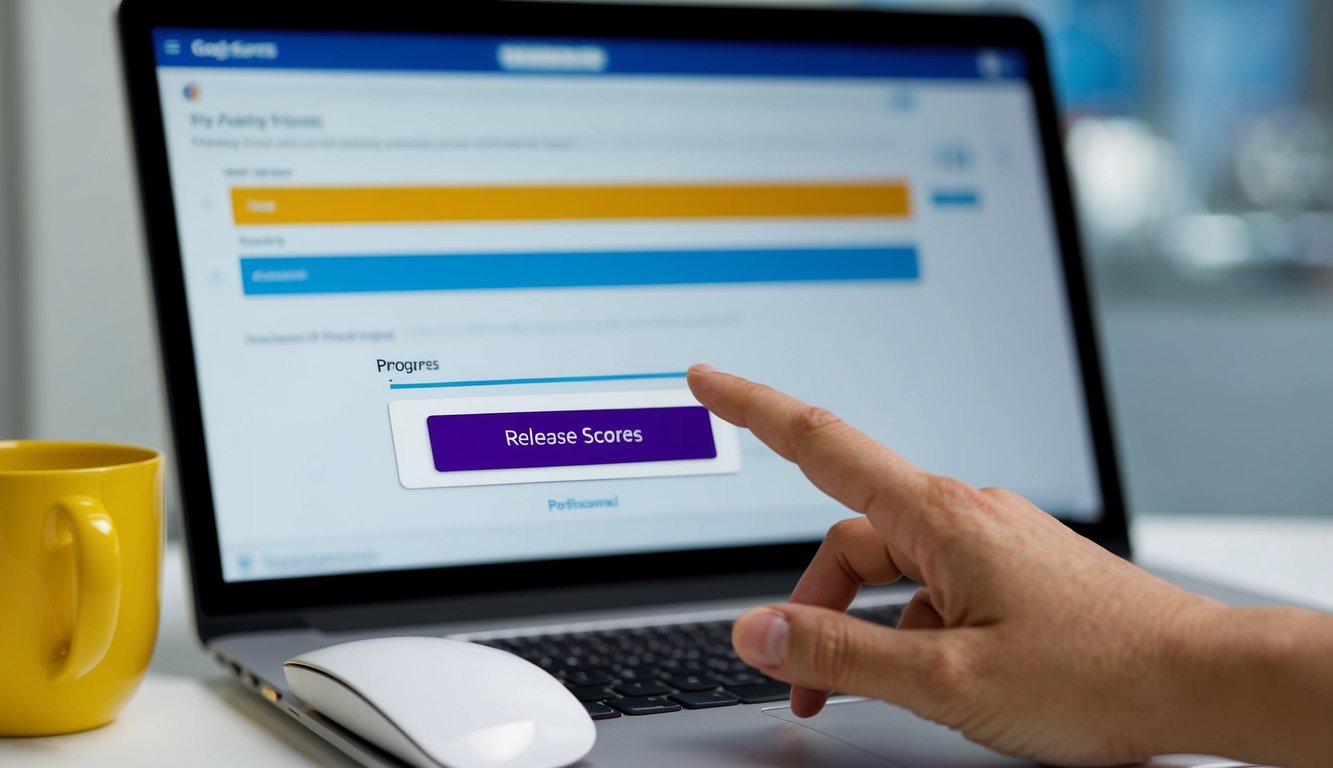 A hand reaches for a computer mouse, clicking the "Release Scores" button on a Google Forms dashboard. The screen displays a progress bar as the scores are being published
