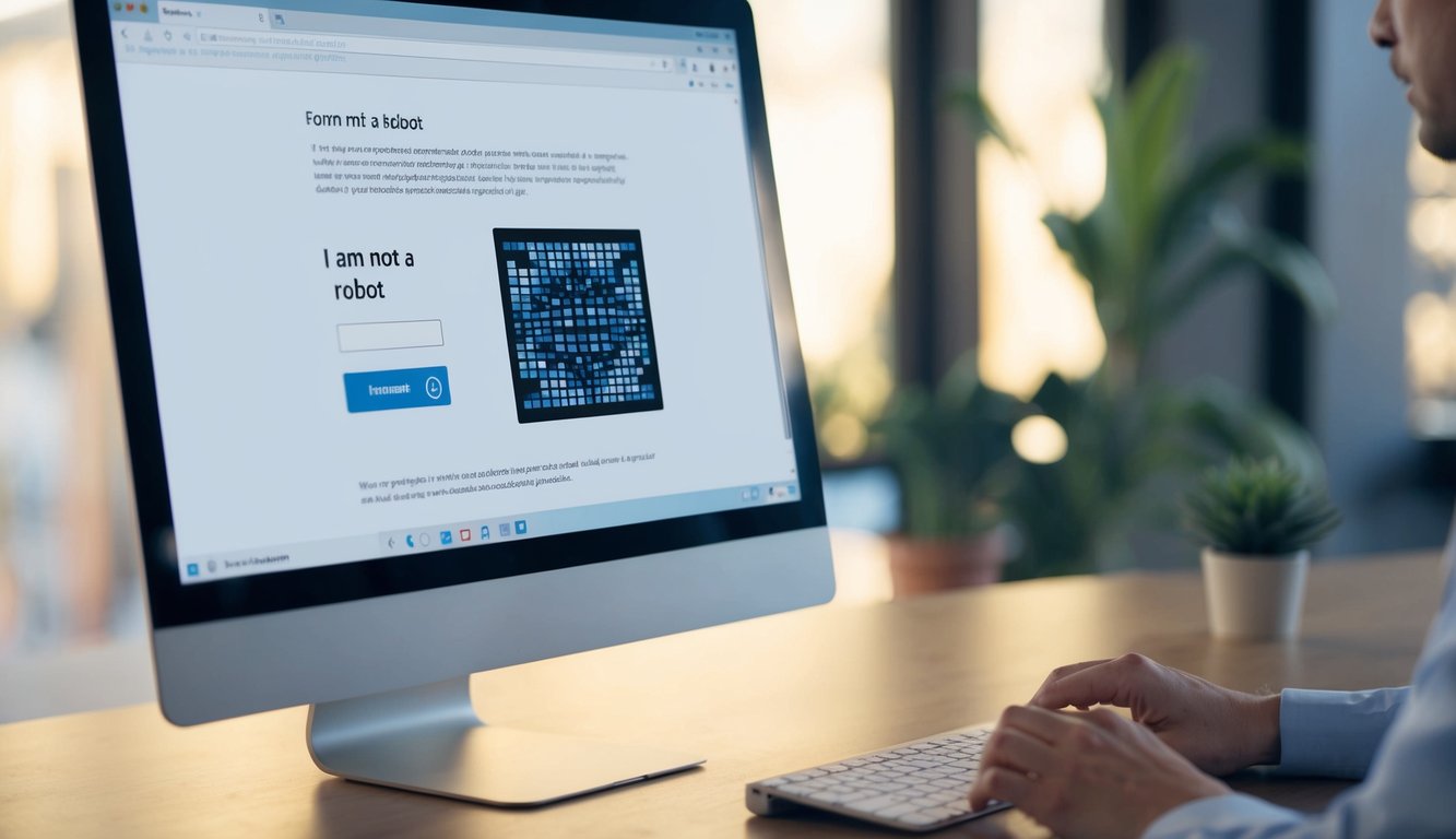 A computer screen with a form open, a small box labeled "I am not a robot" with a checkbox next to it, and a distorted image or puzzle for user verification