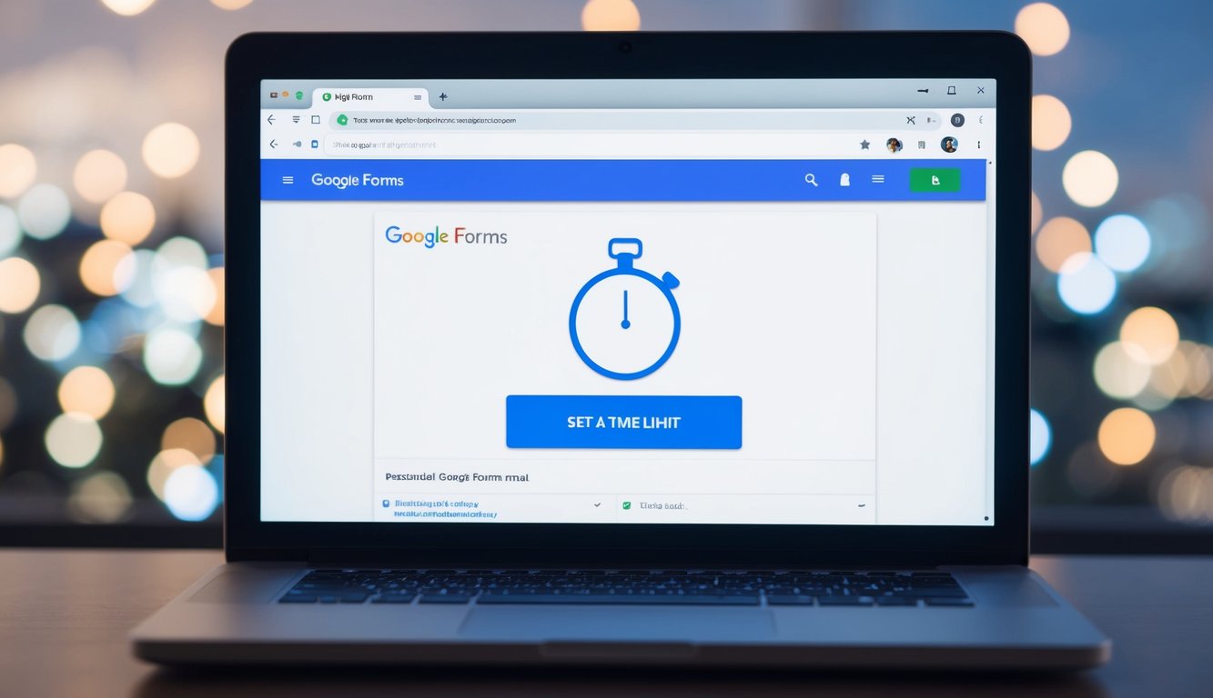 A computer screen displaying Google Forms with a timer icon and dropdown menu to set a time limit