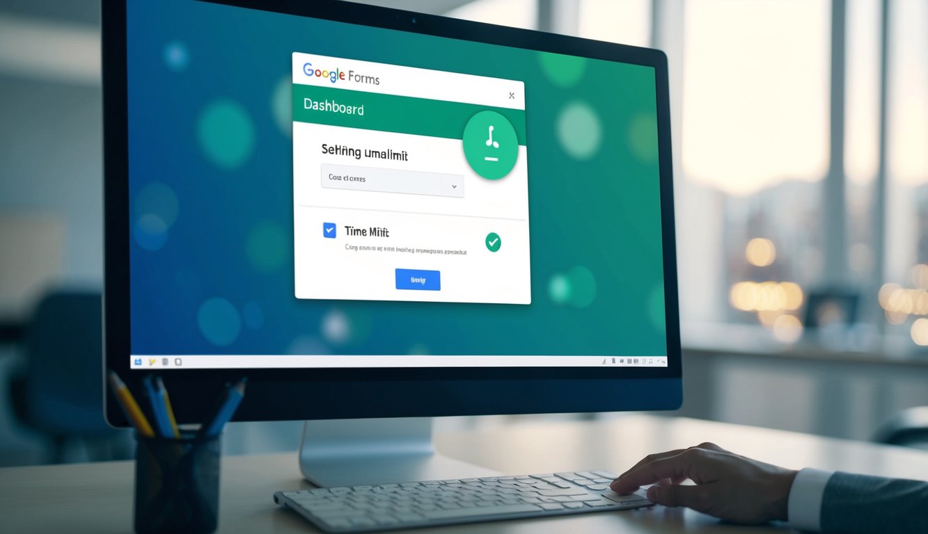 A computer screen showing a Google Forms dashboard with a clock icon and dropdown menu for setting a time limit