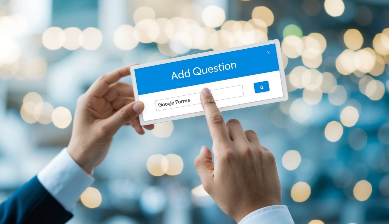 A person clicks on the "Add Question" button in the Google Forms interface, selecting the type of question and inputting the question text and any additional options