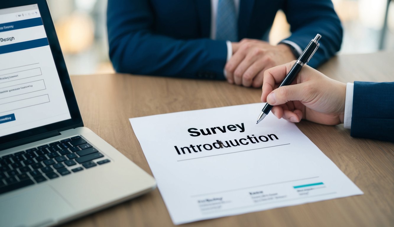 A hand holding a pen, poised over a blank sheet of paper with the title "Survey Introduction" written at the top. A laptop sits nearby, open to a website on survey design