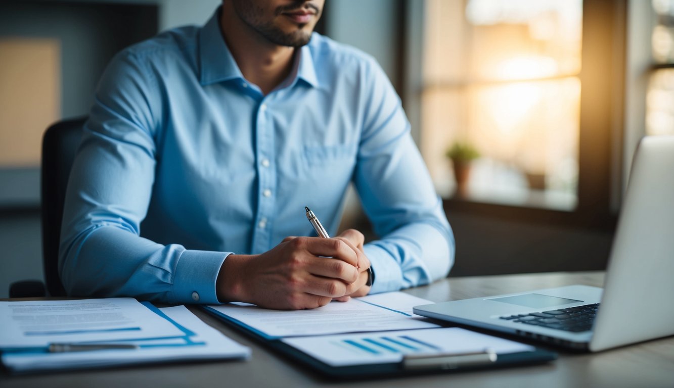 A person sitting at a desk, pen in hand, surrounded by papers and a laptop. They are deep in thought, pondering how to craft a compelling introduction for a survey