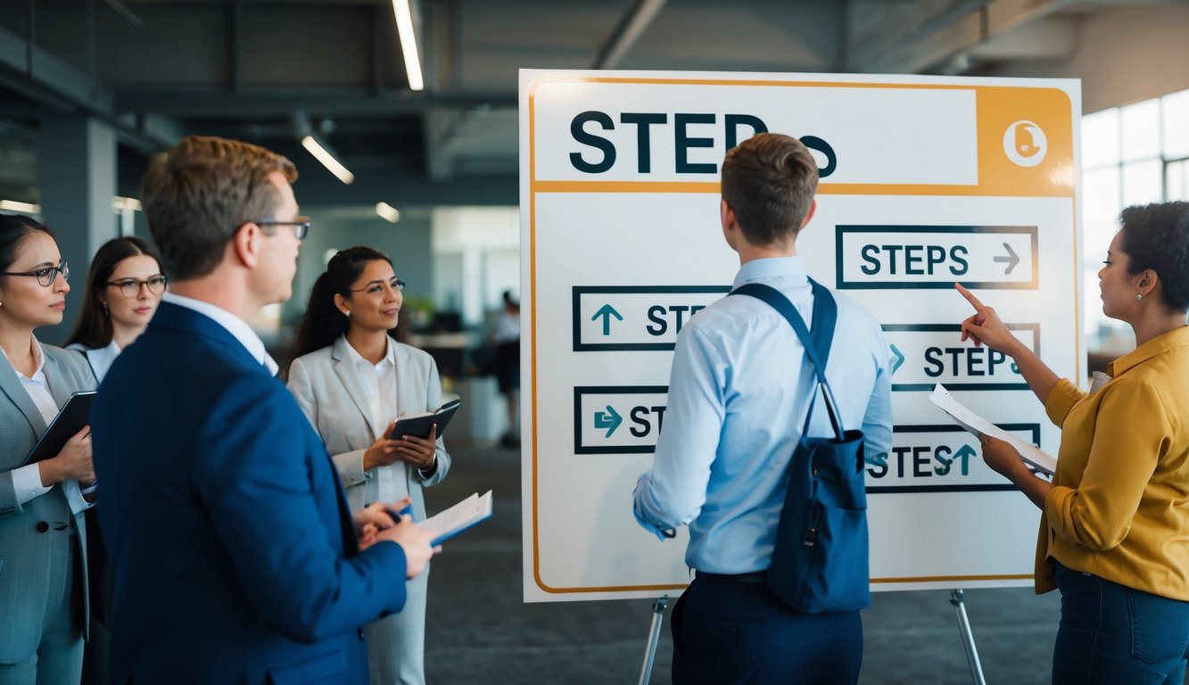 A person pointing to a series of steps on a large sign, while a group of individuals follow along, taking notes and asking questions