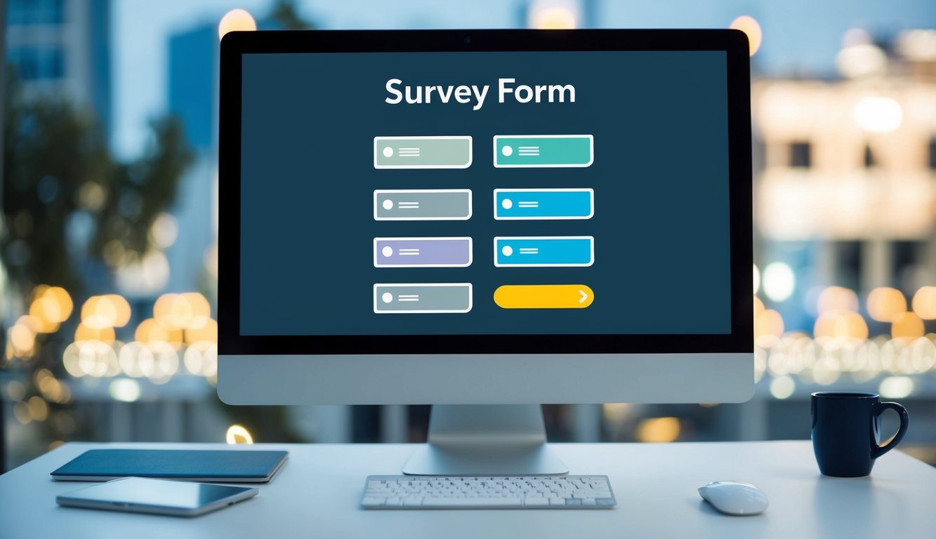 A computer screen displaying a survey form with various question types, a mouse cursor clicking on options, and a progress bar indicating completion