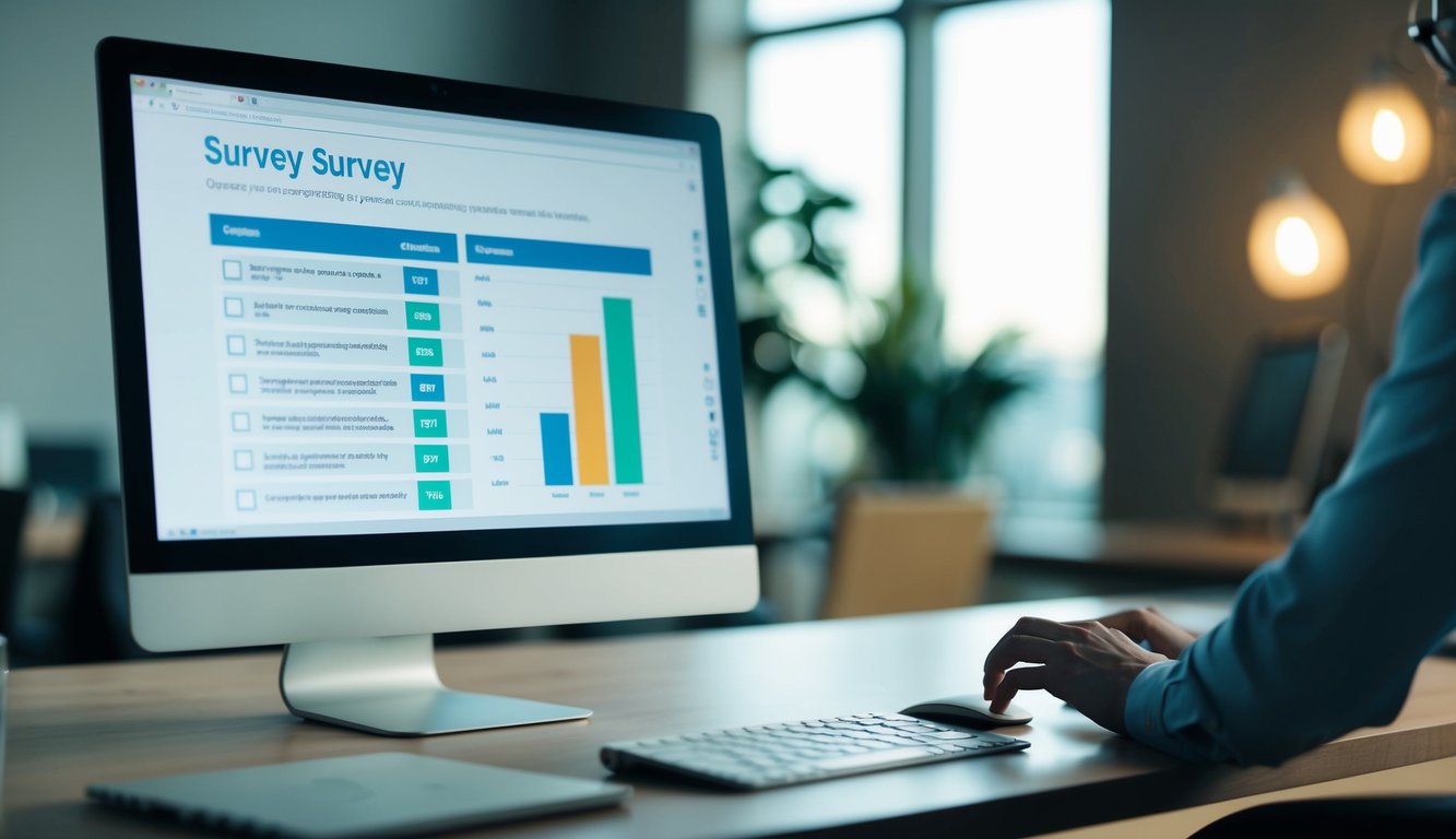 A computer screen with a survey form open, a mouse cursor clicking on multiple-choice questions, and a chart displaying survey results