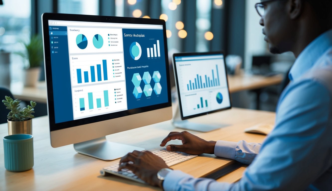 A person sitting at a computer, clicking through a survey interface. Charts and graphs displayed on the screen showing data analysis