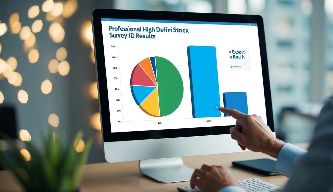 A bar graph and pie chart displayed on a computer screen, with a person clicking on a button to export the survey results