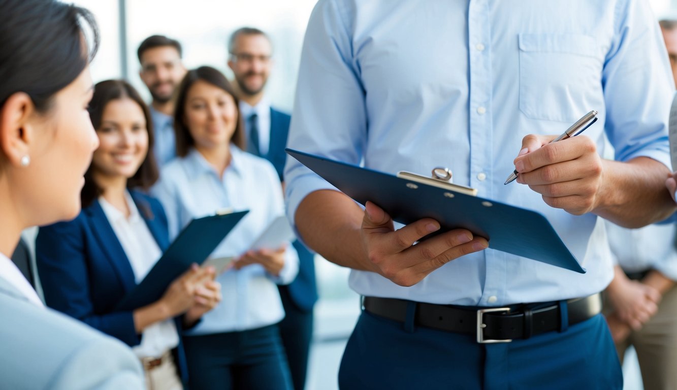 A person holding a clipboard and pen, standing in front of a group of people, collecting survey responses