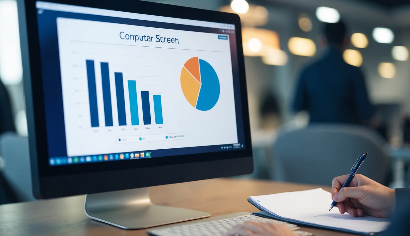 A computer screen displaying a bar graph and pie chart, with a person's hand holding a pen and paper nearby for note-taking