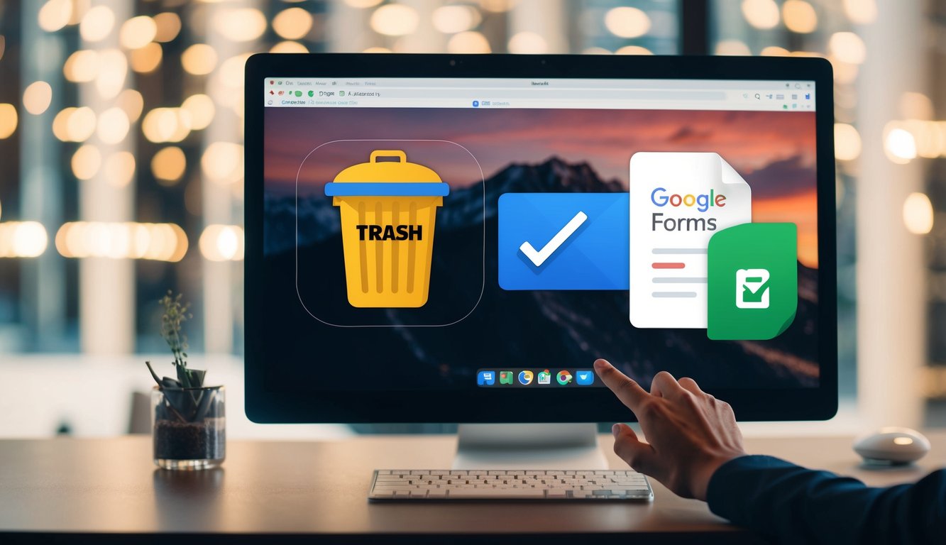 A computer screen with a "Trash" icon highlighted, a cursor clicking on it, and a "Google Forms" file being restored from the trash