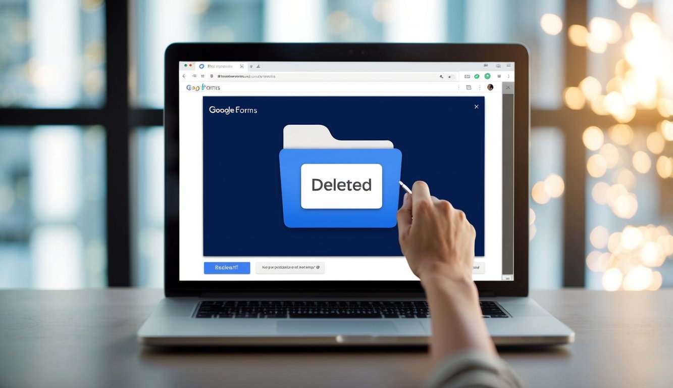 A computer screen displays a Google Forms interface. A cursor hovers over the "Deleted" folder, with a "Recover" button highlighted