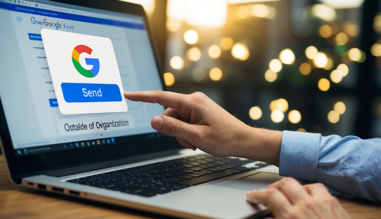 A person on a computer, clicking on the "send" button on a Google Form. The person is selecting the option to send the form outside of their organization
