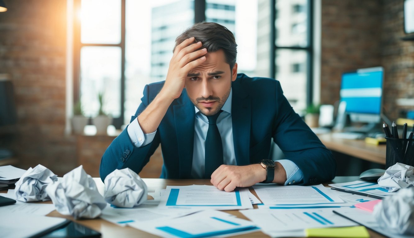 A cluttered desk with crumpled papers and crossed out sections, a frustrated entrepreneur scratching their head, and a confused expression