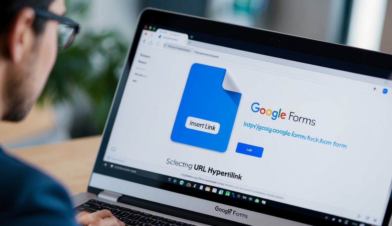 A computer screen displaying a Google Forms page with a cursor clicking on the "Insert link" icon and then selecting the desired URL to create a hyperlink