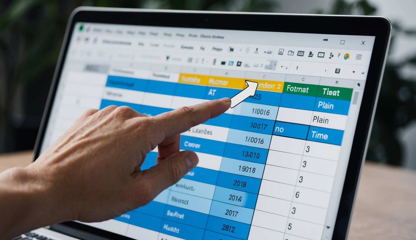 A hand hovers over a computer mouse, clicking and dragging to highlight the date column in a Google Sheets document. The cursor then moves to the menu bar, where the user selects the "Format" option and then "Number" before choosing "Plain text" to remove the time from the date