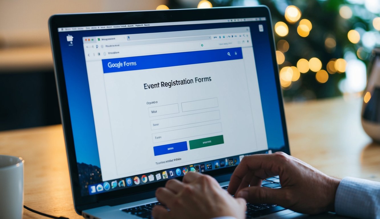 A computer screen shows a web browser open to Google Forms. The user is filling out fields for event registration, with options for name, email, and additional information
