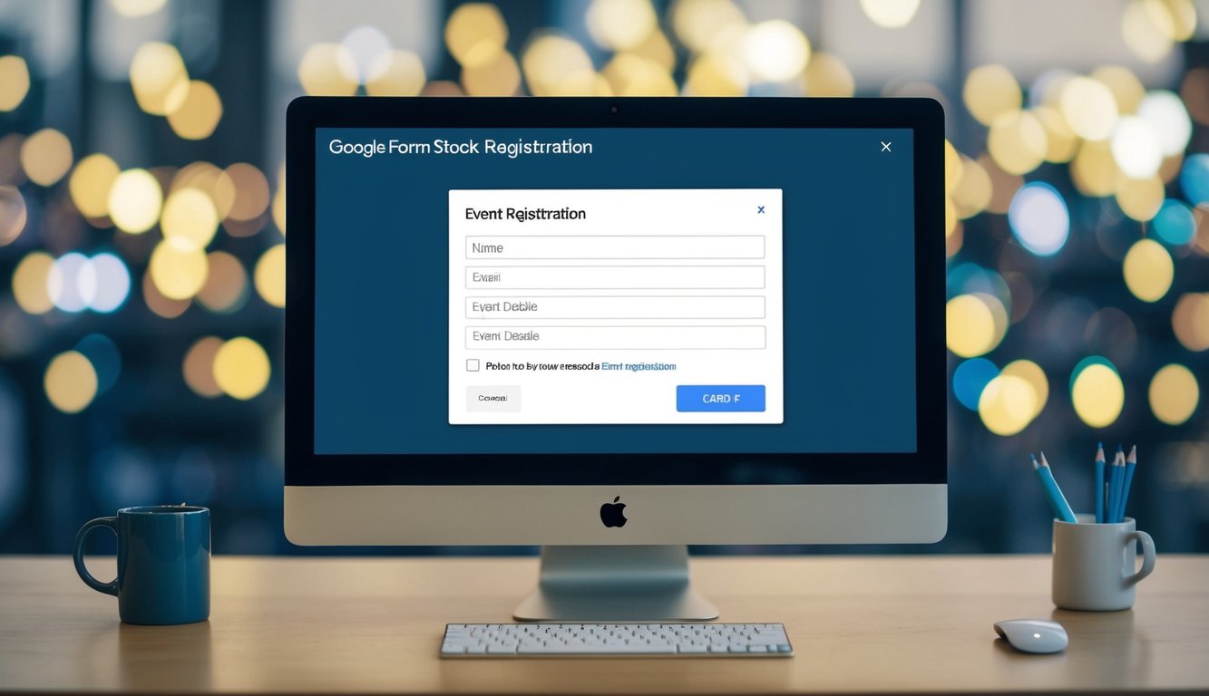 A computer screen displaying a Google Form for event registration, with fields for name, email, event details, and a submit button