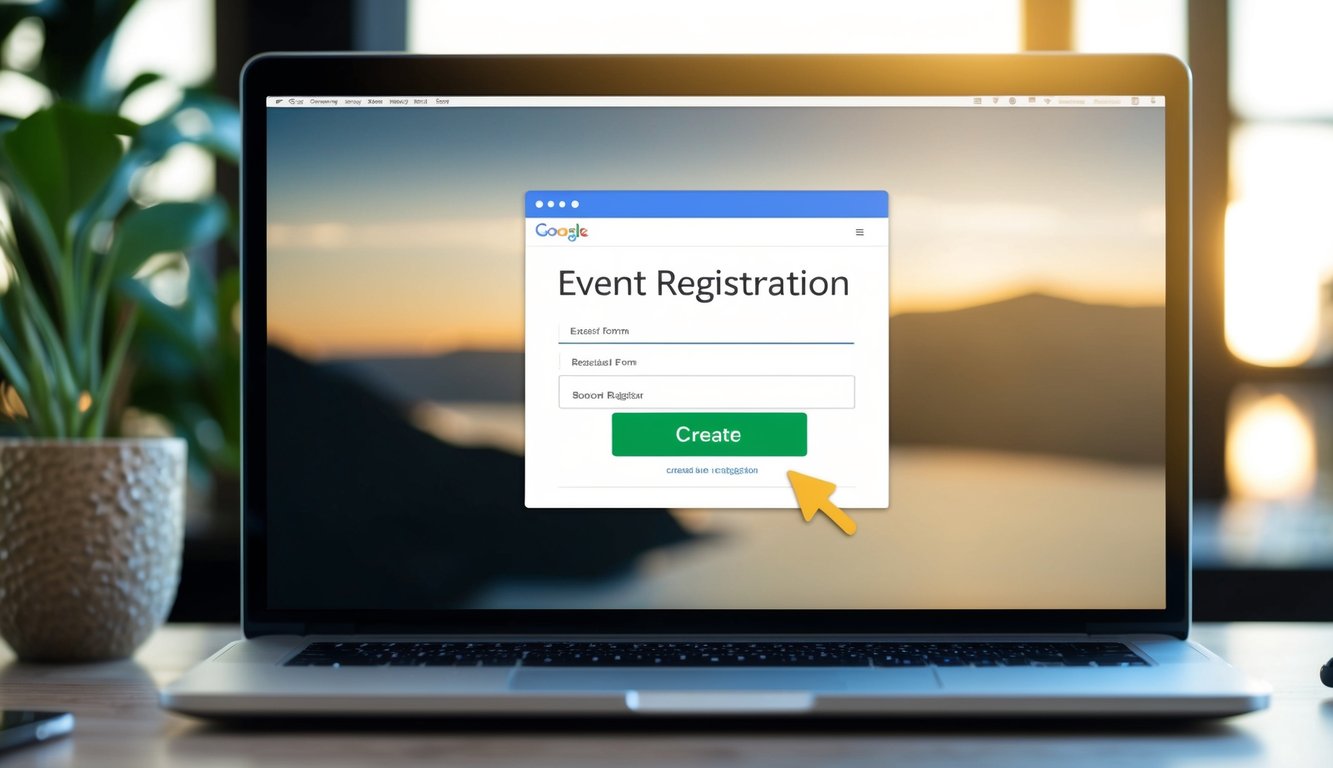 A computer screen showing a Google Form with fields for event registration. A mouse cursor hovers over the "Create" button