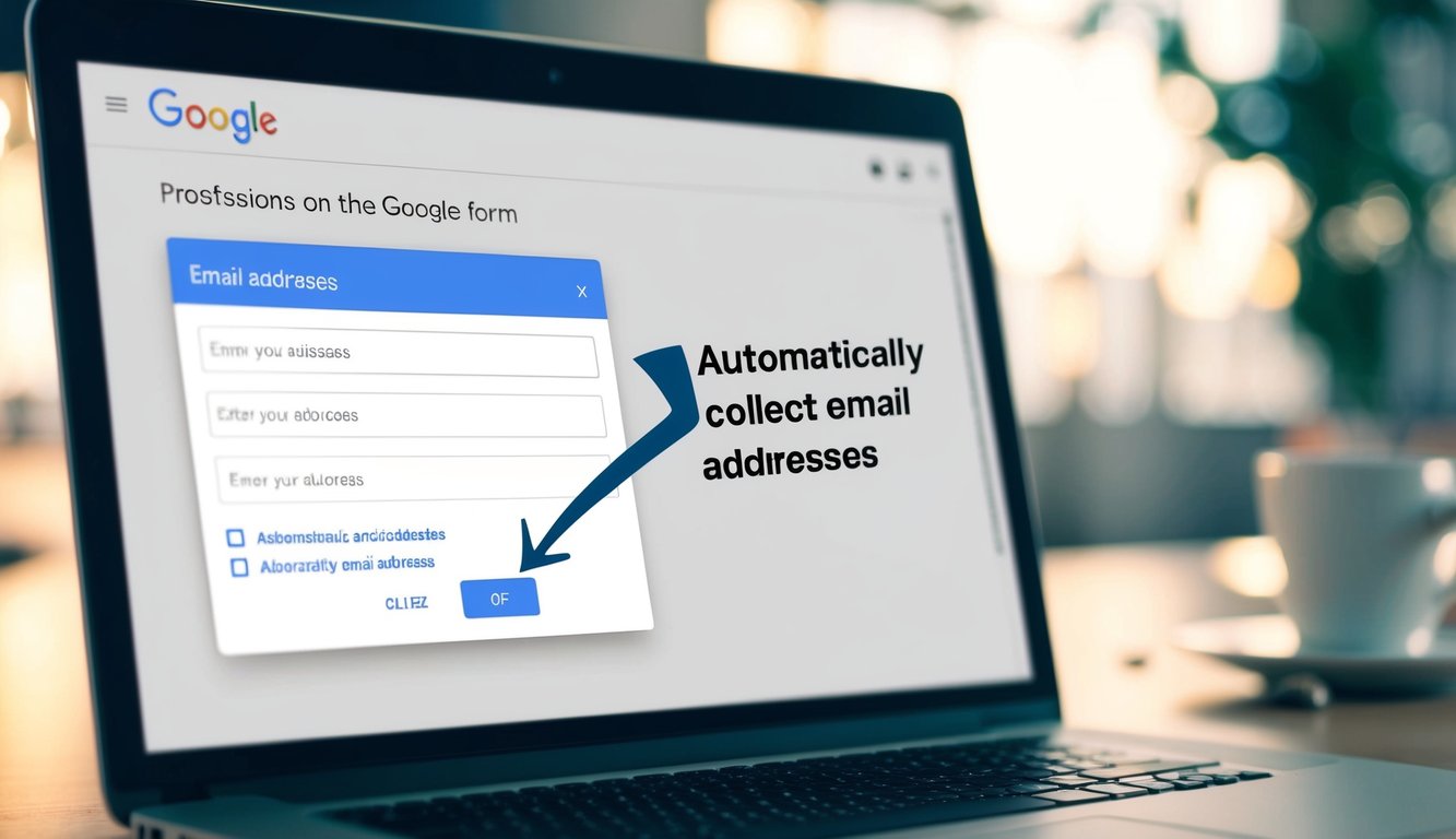 A computer screen displaying a Google Form with fields for entering email addresses. An arrow pointing to a checkbox labeled "Automatically collect email addresses" is highlighted