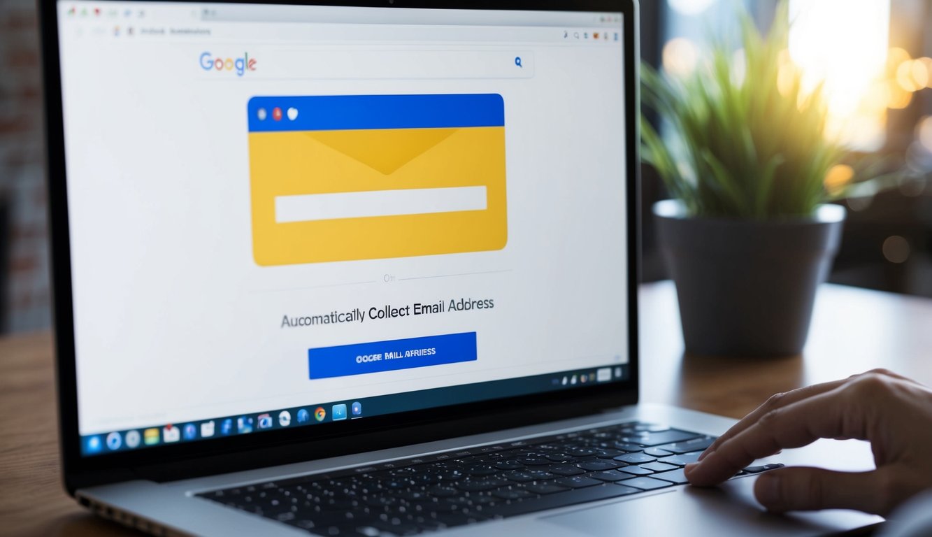 A computer screen showing a Google Form with fields for collecting email addresses. A mouse cursor hovers over the "Automatically Collect Email Address" option