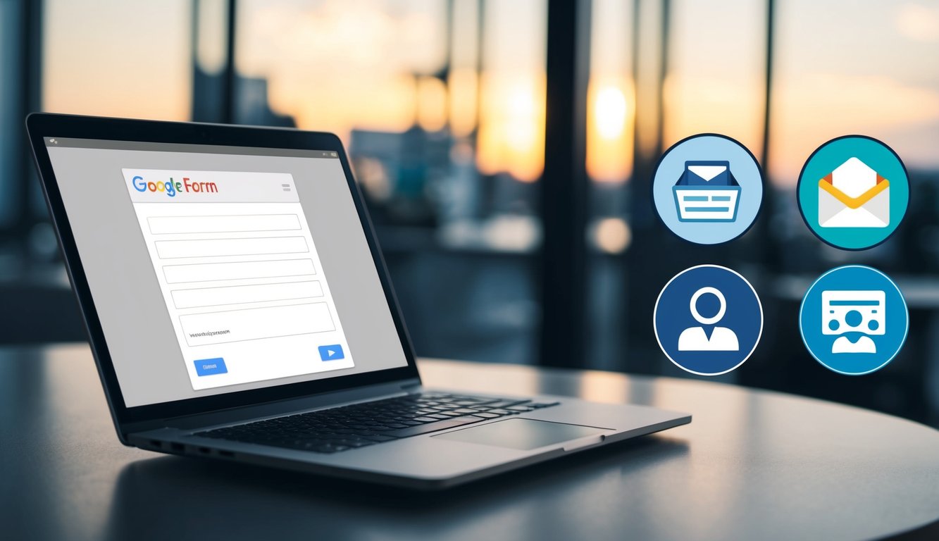 A laptop displaying a Google Form with fields for email addresses, alongside icons representing various other services such as social media platforms and CRM software