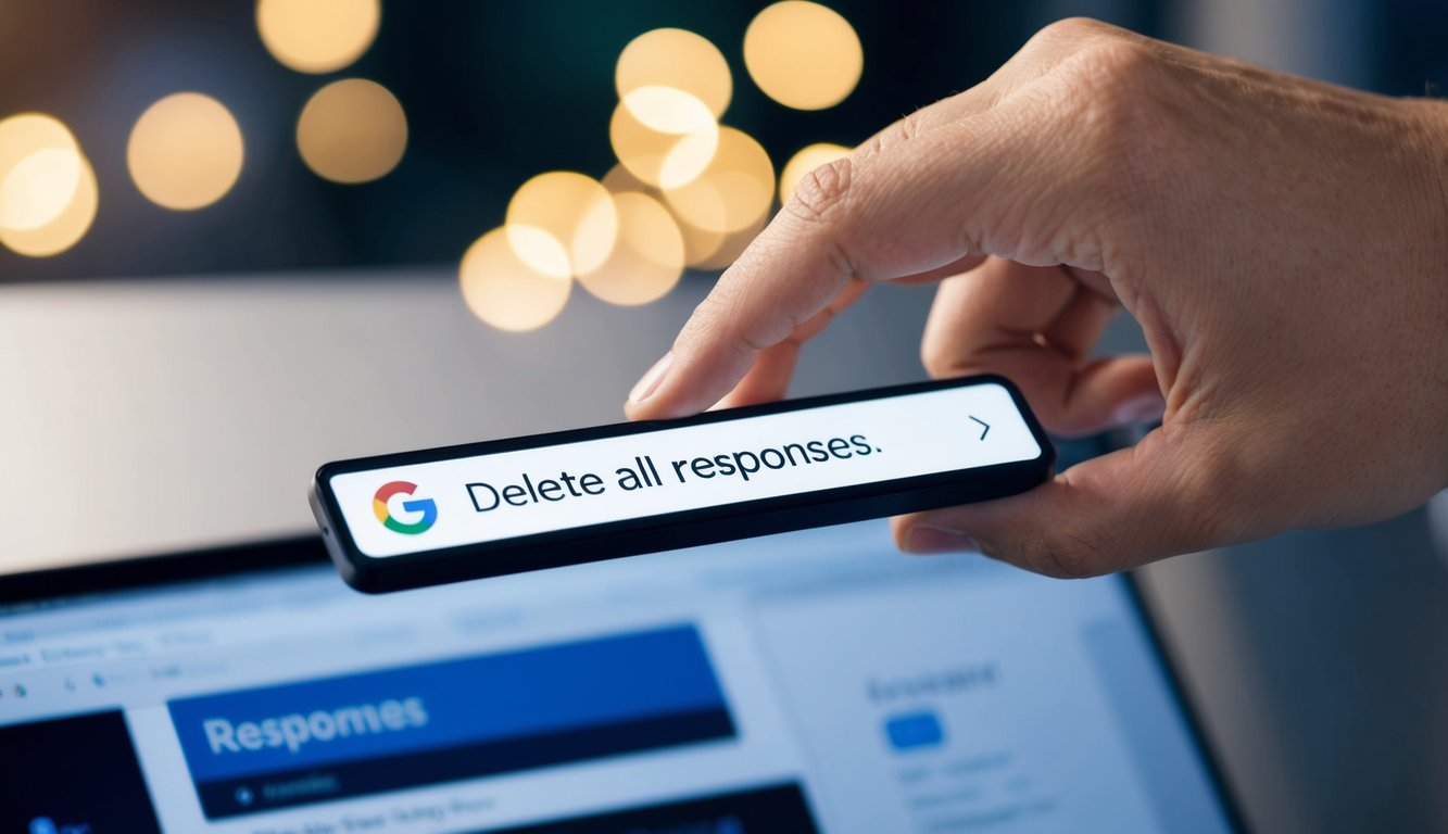 A hand hovers over a computer mouse, clicking on the "Responses" tab in Google Forms. A dropdown menu appears, and the hand selects "Delete all responses."