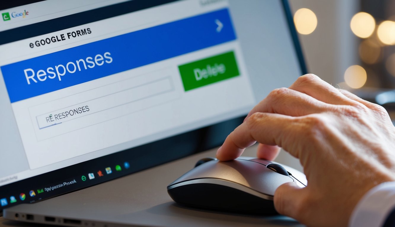 A hand hovering over a computer mouse, clicking on the "Responses" tab in Google Forms. The cursor hovers over the "Delete" button for a specific response