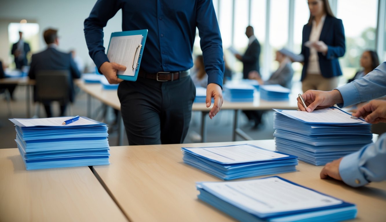 A person holds a clipboard and pen, walking between rows of tables with survey forms. Completed forms are stacked neatly on a table, while others are being distributed to participants