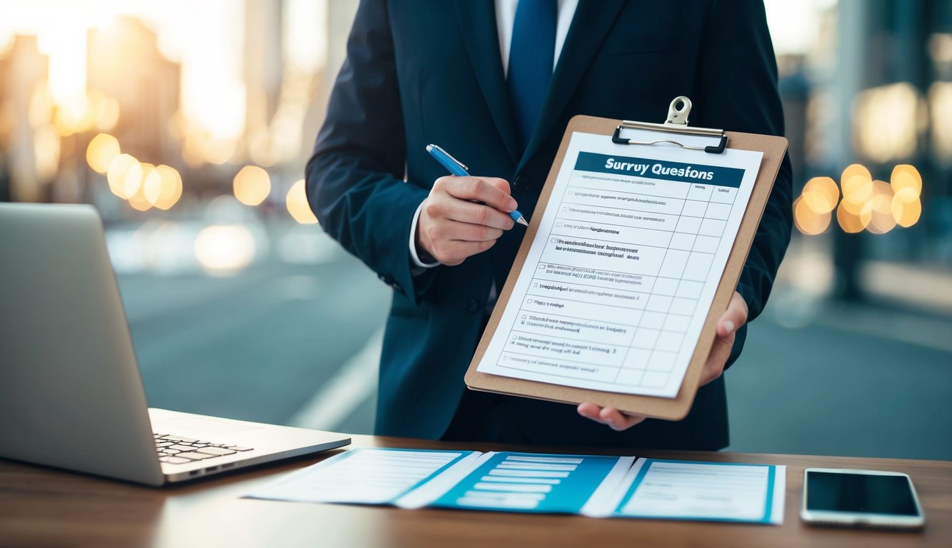 A person holding a clipboard and pen, standing in front of a row of survey questions. A laptop and smartphone are nearby for digital data collection