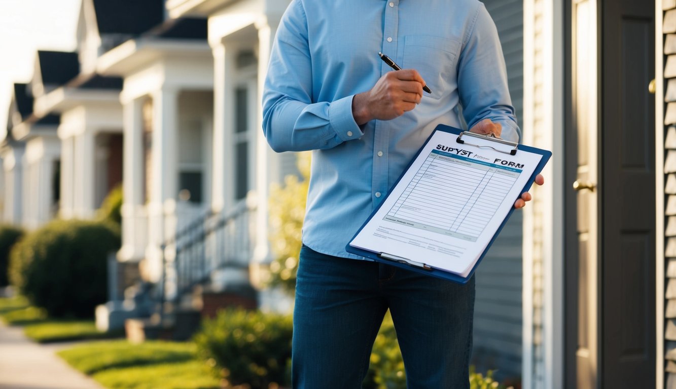 A person holding a clipboard and pen, standing in front of a row of houses with a survey form in hand, approaching each door