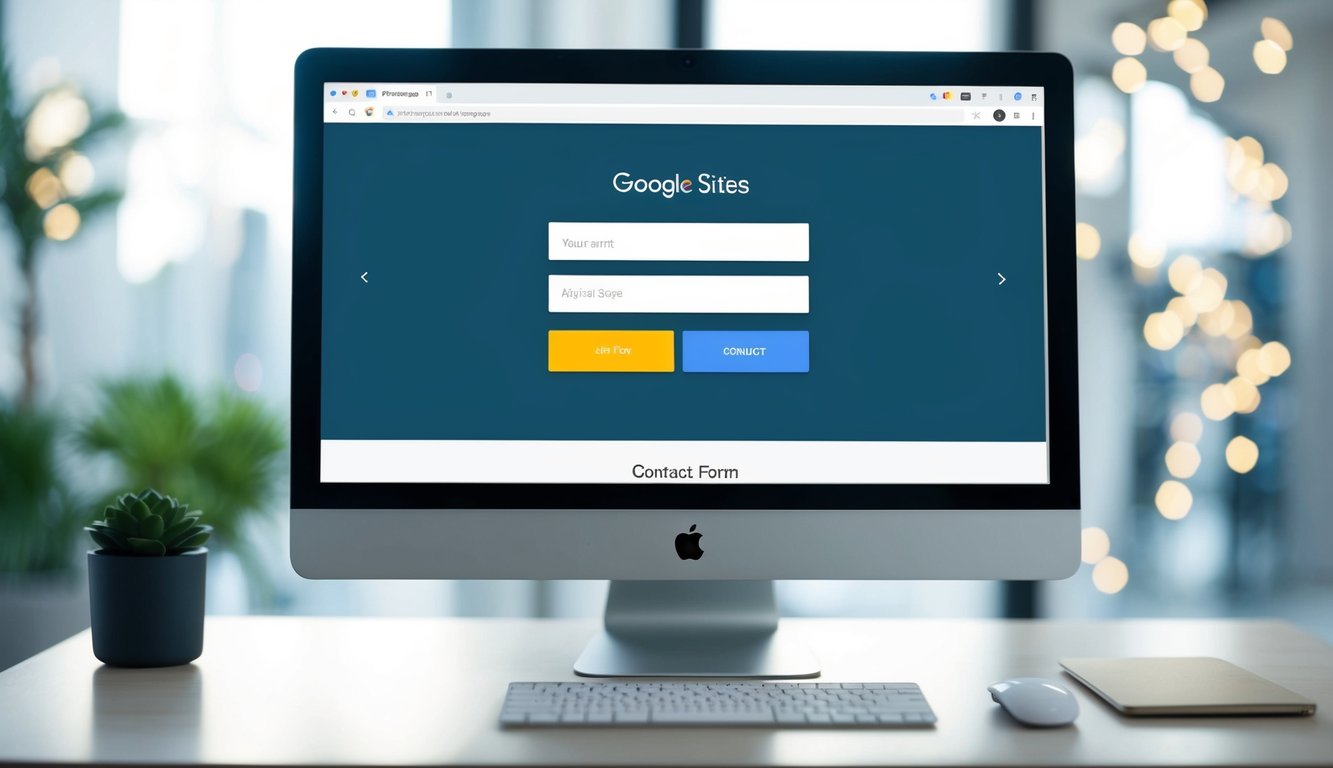 A computer screen displaying the Google Sites interface with a contact form being seamlessly embedded into a webpage. The form includes fields for name, email, and message
