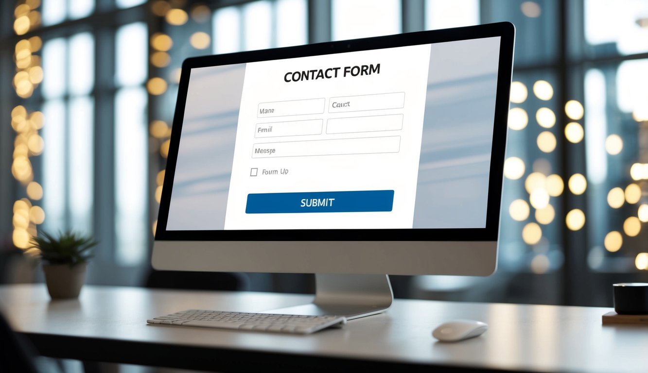 A computer screen displaying a contact form with input fields for name, email, and message. A submit button is prominently featured at the bottom of the form