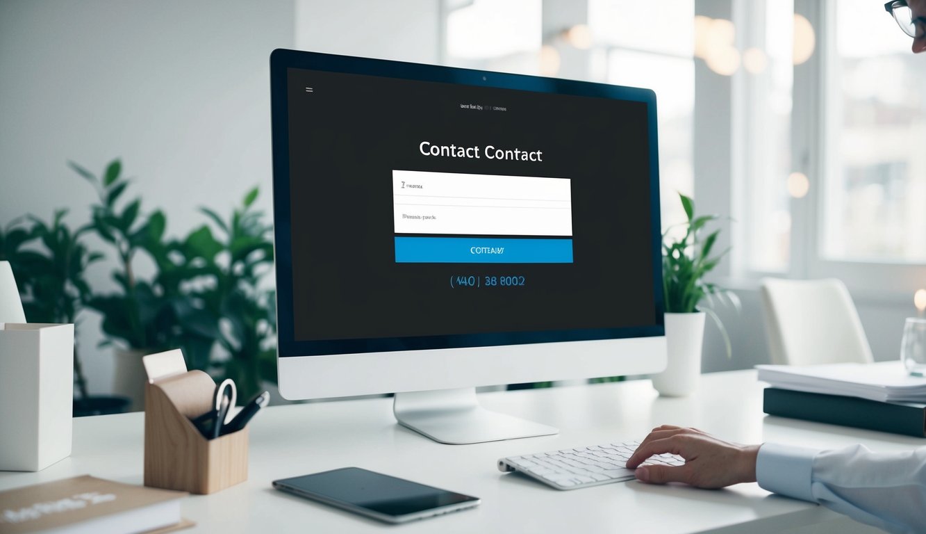 A computer screen displaying a minimalist contact page layout with a form, email address, and phone number, surrounded by clean, modern design elements
