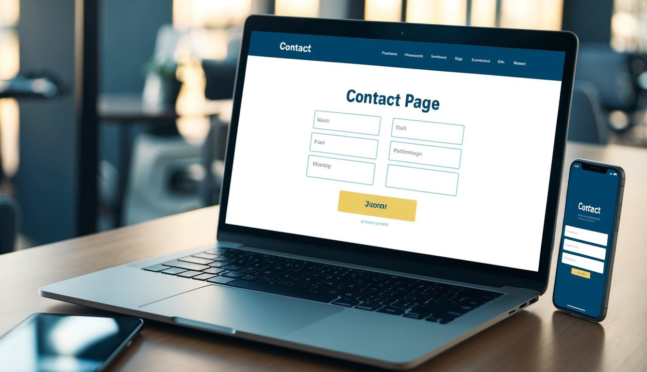 A laptop displaying a sleek and user-friendly contact page, with input fields for name, email, and message, along with a submit button. A smartphone sits next to the laptop, showing the same contact page