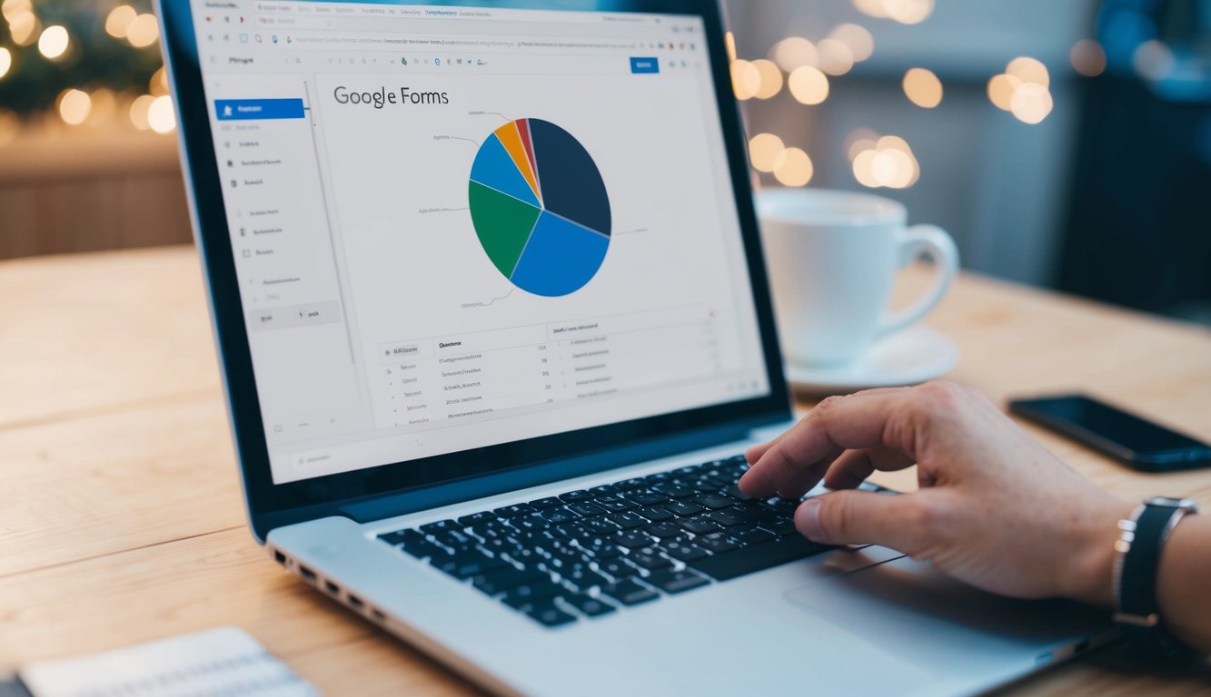 A hand using a computer to create a pie chart on Google Forms. The person is clicking and dragging to input data and customize the chart